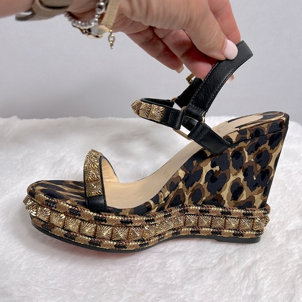 Christian Louboutin Nappa Leopard Pira Ryad 110 Wedge Sandal Black Marron 35 - Picture 6 of 13